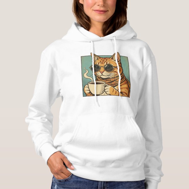 Pull À Capuche Conception de style rétro pour café Cool Cat pour  (Devant)