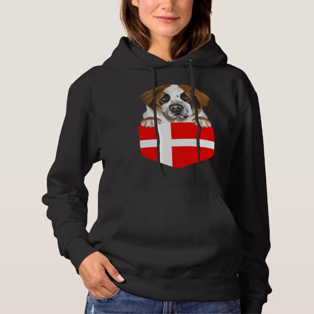 Pull À Capuche Denmark Flag St Bernard Dog In Pocket (Devant)