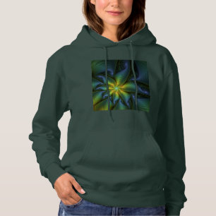 Pull À Capuche Etoile Abstraite, Bleu brillant Vert Or Fractal Ar
