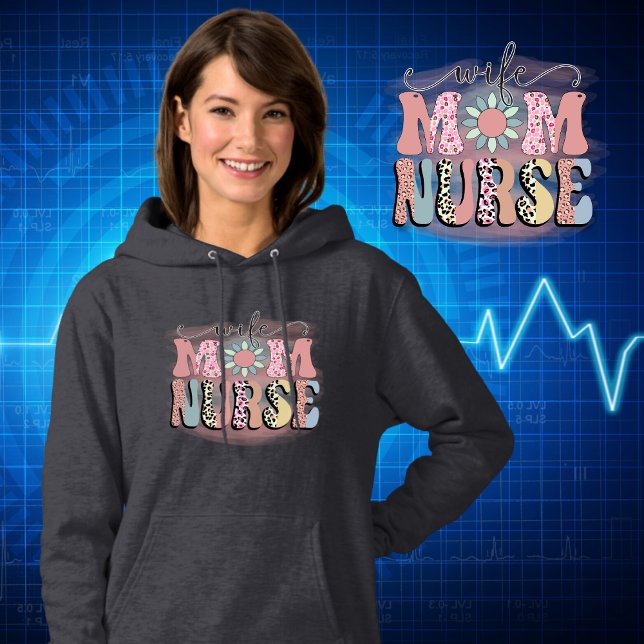 Pull À Capuche Femme Maman Infirmière Rétro Typographie Empreinte (Wife Mom Nurse Groovy Vintage Retro Leopard Print Typography with Flower Nurse Life Hoodie)