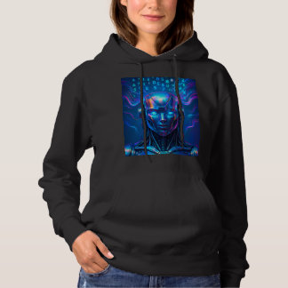 Pull À Capuche futuristic robot, cyberpunk AI, glowing blue eyes,