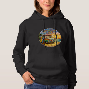Pull À Capuche Graphisme Rétro Hippie Plage Coucher de Soleil Adv