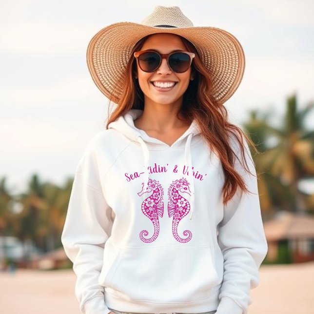 Pull À Capuche Hippocampe-pêcheur Coeur-Hawaï Tropical-Rose (Sea Horse-Fisherman Core-Hawaiian-Tropical-Beach Hoodie-Summer Trend-Pink)