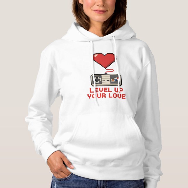 Pull À Capuche Level Up Your Love, Retro Pixel Gaming Design (Devant)
