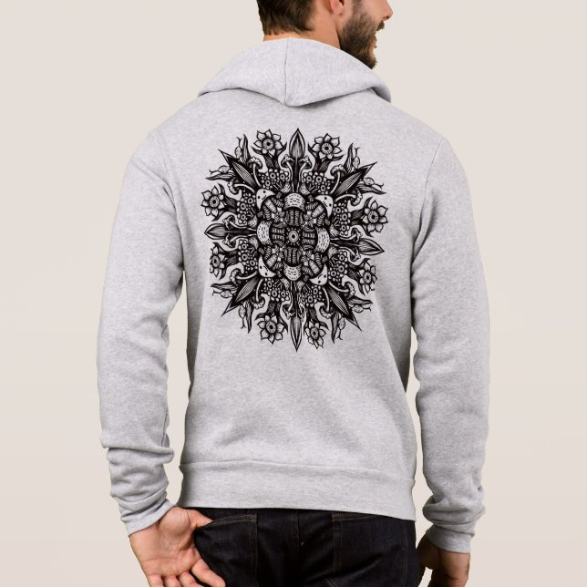 Pull À Capuche Mandala de champignons psychédéliques noir et blan (Dos)