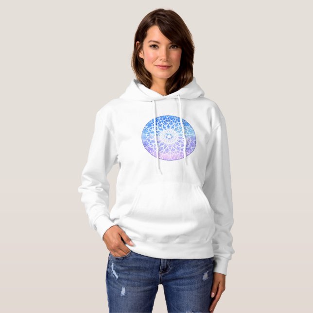 Pull À Capuche Mandala floral spatial bleu, blanc et violet (Devant entier)