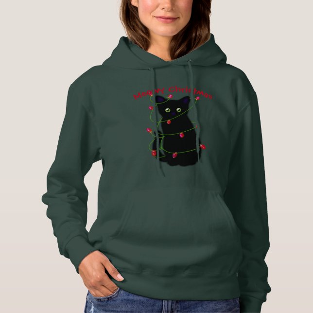 Pull À Capuche Meowy chat Feux rouge vert brillant de Noël (Devant)