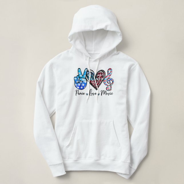 Pull À Capuche Peace Love Musique US Drapeau 4 juillet Musique Pr (Design devant)