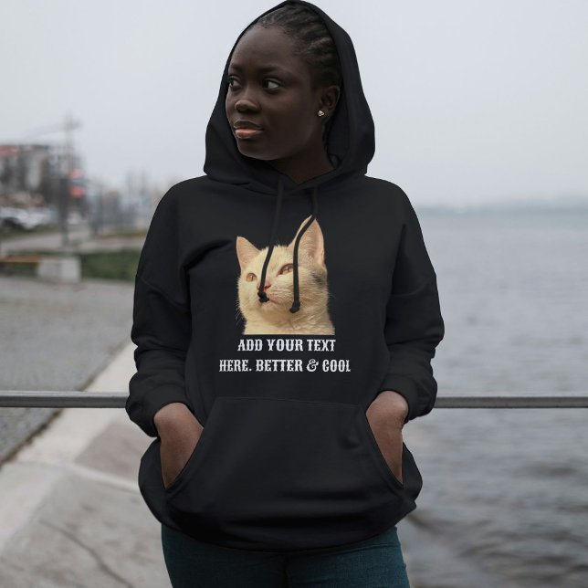 Pull À Capuche Personalized Pet Photo Text Black White Cat Mom (Créateur téléchargé)
