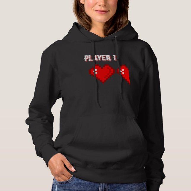 Pull À Capuche Player 1 Retro 8bit Hearts Valentines Day Couples  (Devant)
