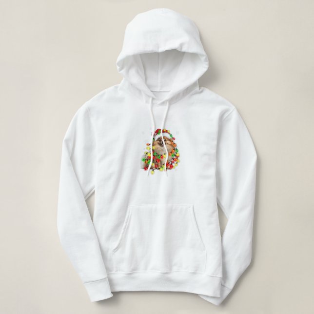 Pull À Capuche Poméranie enveloppée dans les lumières de Noël (Design devant)
