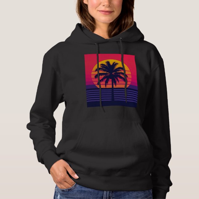 Pull À Capuche Rétro Art Synthwave Palmier Coucher de Soleil 80s (Devant)