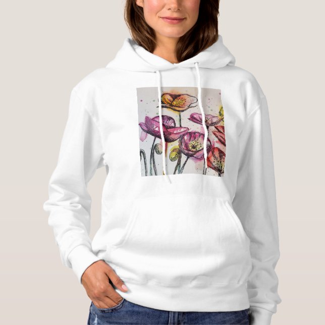 Pull À Capuche Rouge violet rose Populaire floral aquarelle art (Devant)