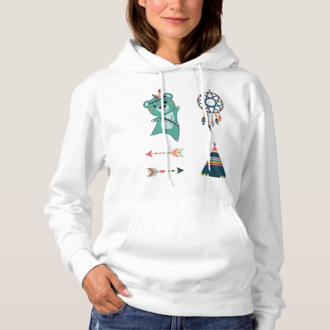Pull À Capuche Stickers Ours Turquoise Indien Tipi (Devant)