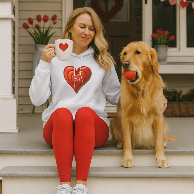 Pull À Capuche Valentine Red Heart Sweatshirt (Valentine’s hoodie with red heart and “Love” text—cozy style for dog lovers and porch moments.)