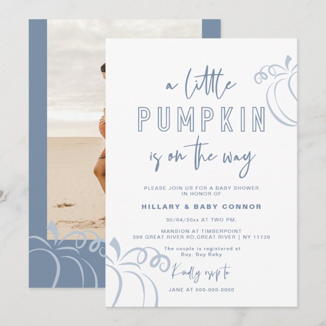 Pulver Blau ein wenig Pumpkin Baby Dusche Einladung (Vorne/Hinten)