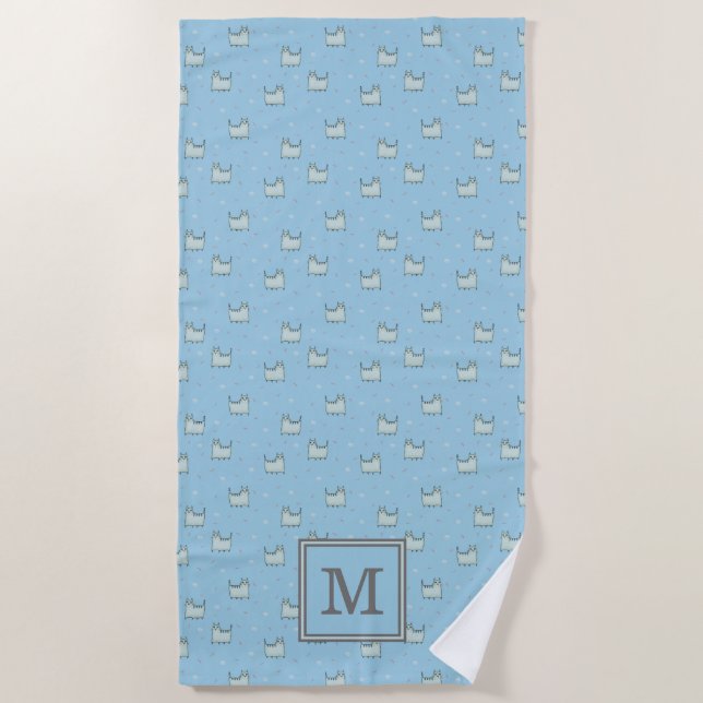 Pulver Blaue Katzen Muster mit Monogramm Strandtuch (Vorderseite)