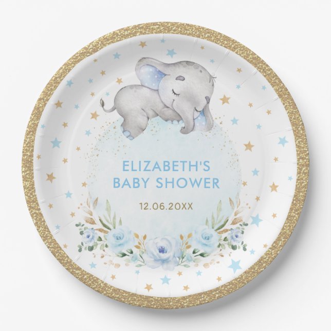Pulver Blue Gold Rose Elephant Baby Boy Dusche Pappteller (Vorderseite)