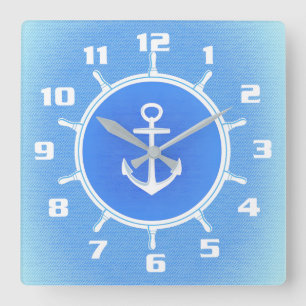 Pulverblau und weißes nautisches Ankersymbol und S Quadratische Wanduhr