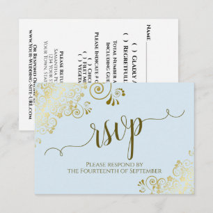 Pulverblaue Goldspitze Elegante Kalligrafie Hochze RSVP Karte