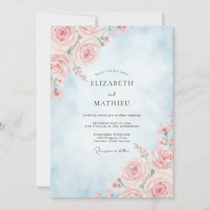 Pulverblaue Hochzeit mit blassem Rosa Rosen Einladung