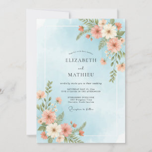 Pulverblaue Korallen-Wildblumen-Hochzeit Einladung
