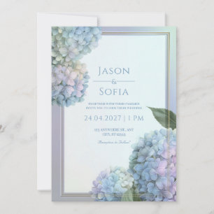 Pulverblaue Lavendel Hortensie Goldrahmen Hochzeit Einladung