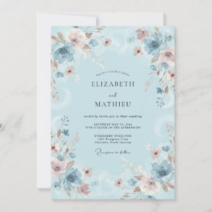 Pulverblaue Wildblumenhochzeit Einladung