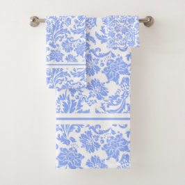 Pulverfarbe Blau und weiße Floral Damast Badhandtuch Set
