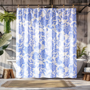 Pulverfarbe Blau und weiße Floral Damast Duschvorhang
