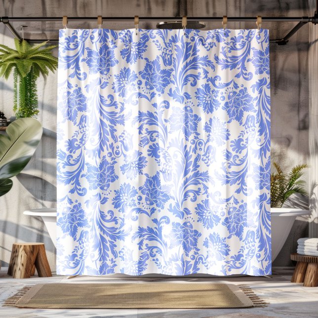 Pulverfarbe Blau und weiße Floral Damast Duschvorhang (Von Creator hochgeladen)