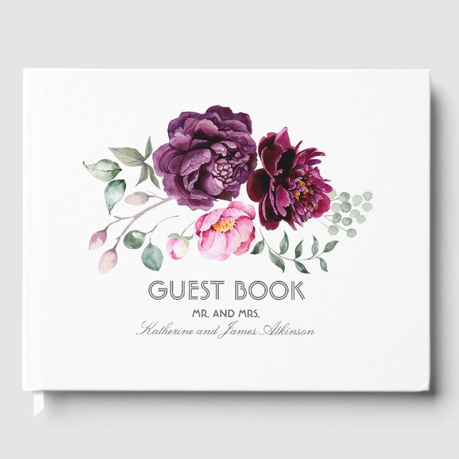 Pum Lila Floral Bouquet Wasserfarbenhochzeit Gästebuch (Vorderseite)