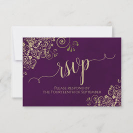 Pum Lila Gold Lace Elegante Calligrafy Wedding RSVP Karte
