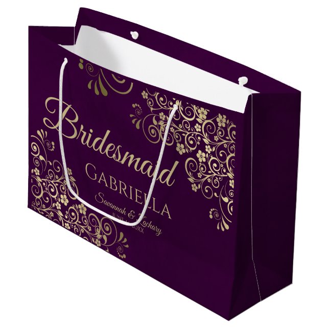 Pum Lila & Gold Spitzenplatz Elegante Große Geschenktüte (Vorderseite Schrägansicht)