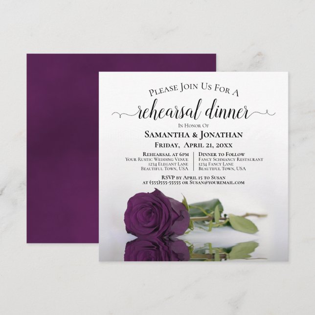 Pum Lila Rose Elegantes Hochzeitstreffen Probe Din Einladung (Vorne/Hinten)