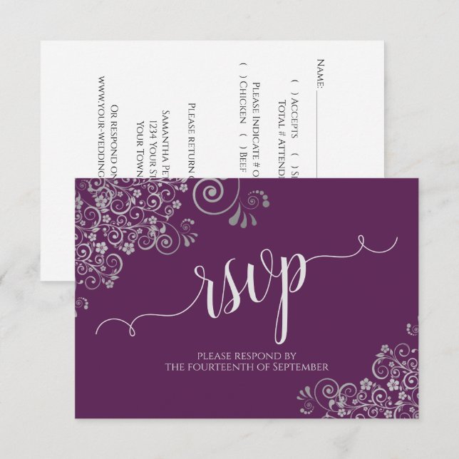 Pum Lila & Silver Elegante Kalligraphie Hochzeit RSVP Karte (Vorne/Hinten)