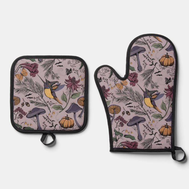 Pum Spooky Halloween Hummingbird Garden Ofenhandschuh & Topflappen-Set (Vorderseite)