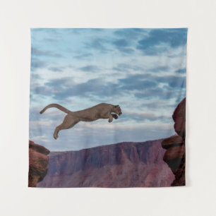 Puma springt Morgenhimmel an,Sprung,Löwe,Tier, Wandteppich