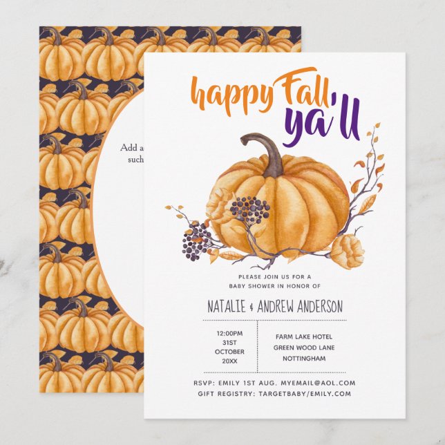 Pumkin Fall Baby Dusche Halloween Org/Purp Einladung (Vorne/Hinten)