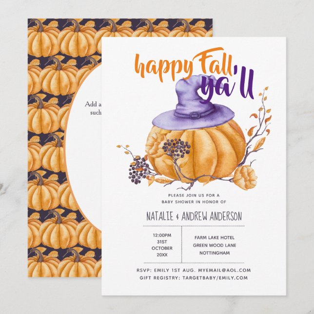 Pumkin Fall Baby Dusche Halloween Org/Purp Einladung (Vorne/Hinten)