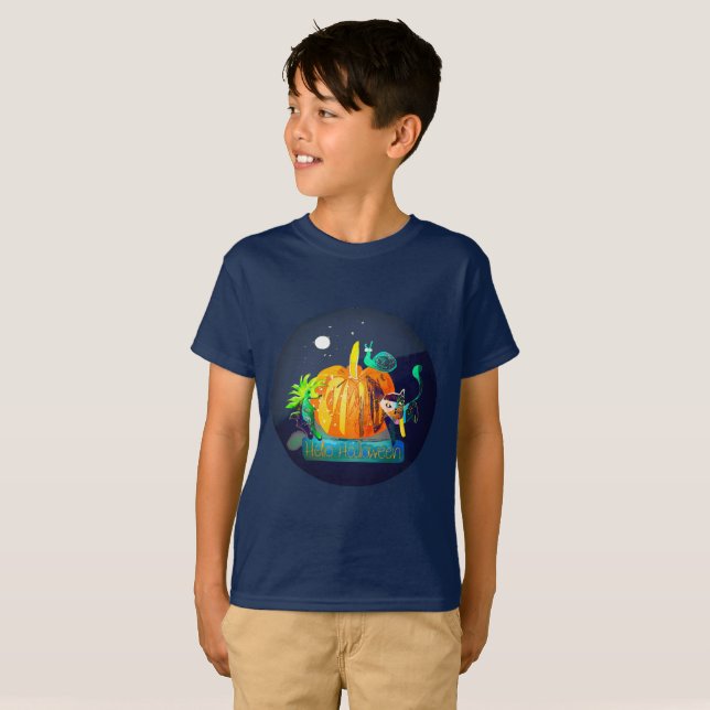Pumkin Spirit Magic Fun Halloween Animals & Moon T-Shirt (Vorne ganz)