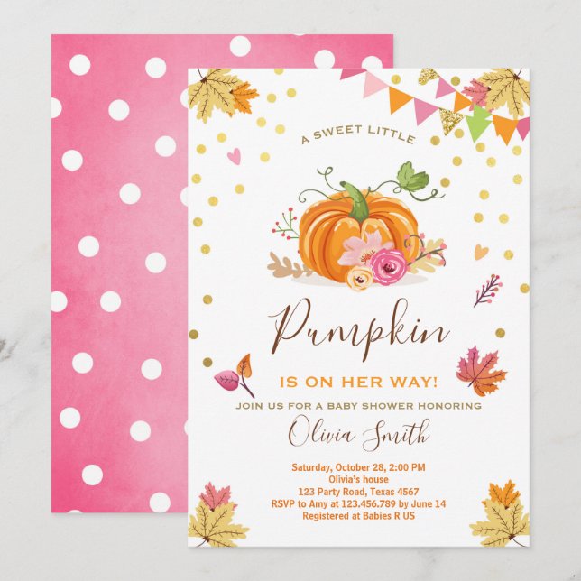 Pumpen Baby Dusche Einladung Herbst Pink (Vorne/Hinten)