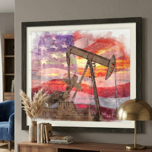 Pumpjack Silhouette Aquarell mit amerikanischer Fl Fotodruck