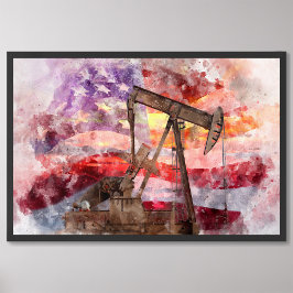Pumpjack Silhouette Aquarell mit amerikanischer Fl Fotodruck
