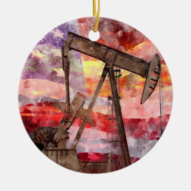 Pumpjack Silhouette Aquarell mit amerikanischer Fl Keramik Ornament (Vorne)