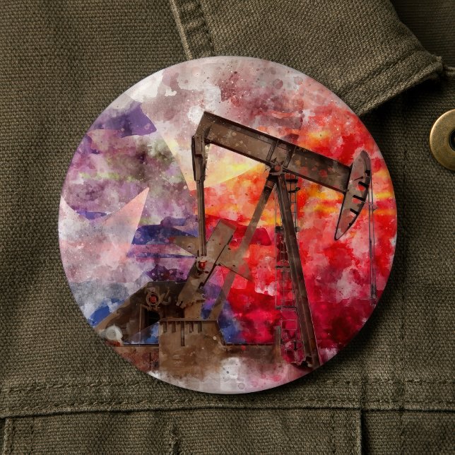 Pumpjack Texan Ikone Aquarell mit Texas Flag Button (Texas Pumpjack Watercolor with Texas Flag Art. Button)