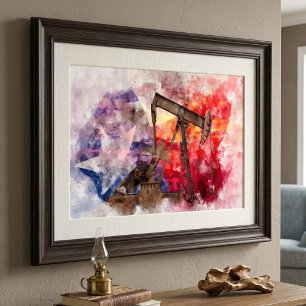Pumpjack Texan Ikone Aquarell mit Texas Flag Fotodruck