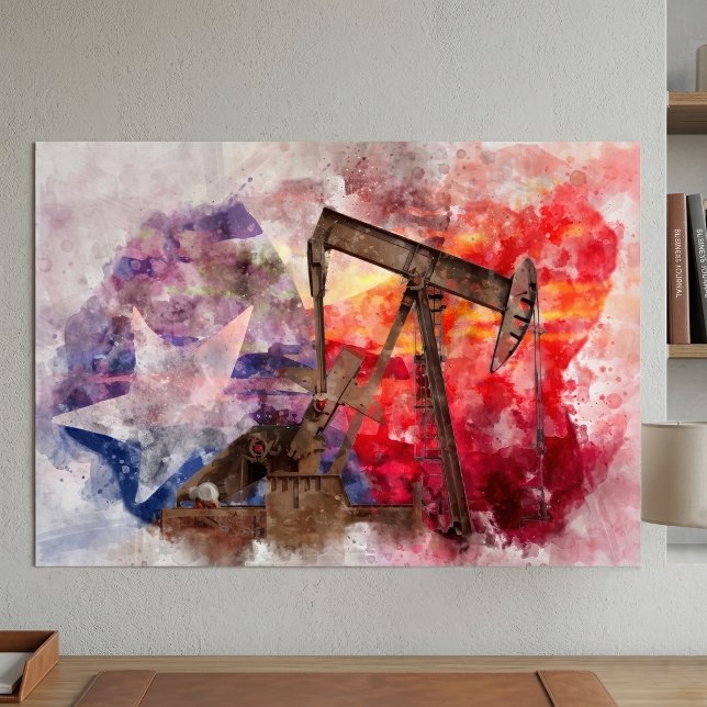 Pumpjack Texan Ikone Aquarell mit Texas Flag Poster (Texas Pumpjack Watercolor with Texas Flag Art. Poster)