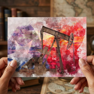 Pumpjack Texan Ikone Aquarell mit Texas Flag Postkarte