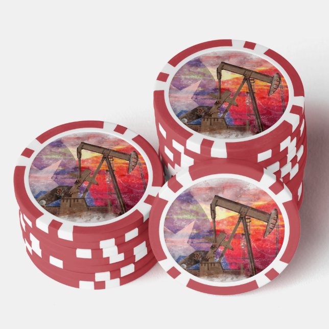 Pumpjack Texan Ikone Pastellfarben zeichnend mit T Pokerchips (Stapel)